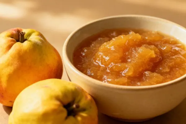 Bol de compote de coing riche en fibres, posé à côté de fruits frais, pour illustrer le confort digestif