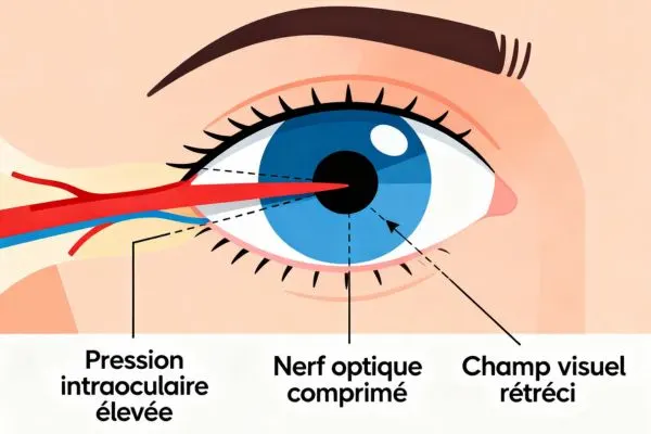 schéma médical montrant un oeil avec pression élevée comprimant le nerf optique et rétrécissement du champ visuel