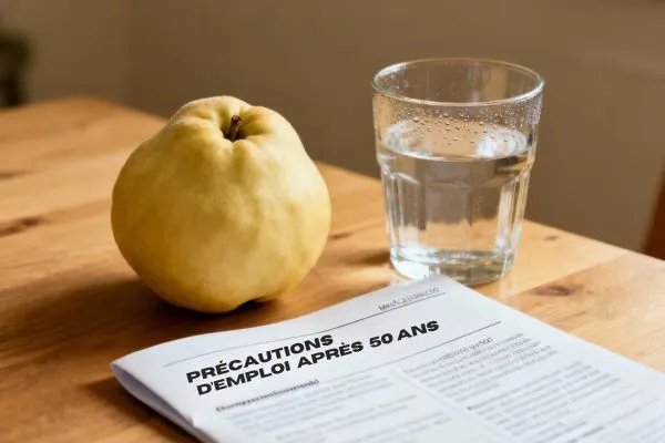 Coing posé sur une table avec notice médicale et verre d’eau, symbolisant les précautions d’usage après 50 ans