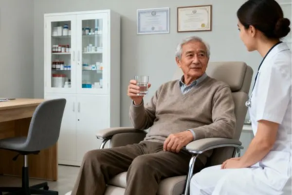 Senior buvant un verre d'eau tout en discutant avec un professionnel de santé en blouse blanche, cadre cabinet médical
