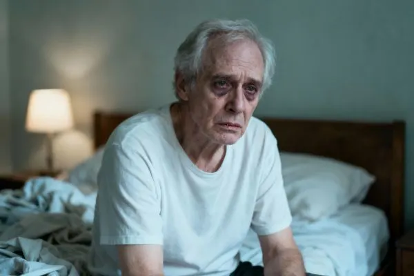 Homme senior épuisé assis bord du lit, signes déshydratation, visage pâle, cernes, ambiance malade