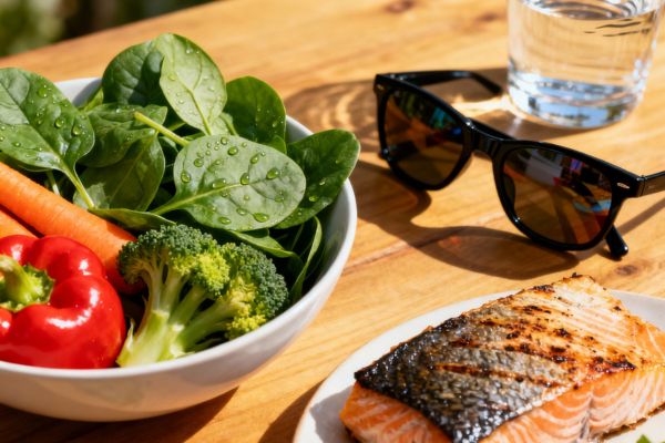 Nature morte sur une table en bois : un bol d’épinards frais et de légumes colorés, un morceau de saumon, une paire de lunettes de soleil,et un verre d’eau. La lumière naturelle du soleil illumine les aliments sains, symbolisant la santé des yeux.