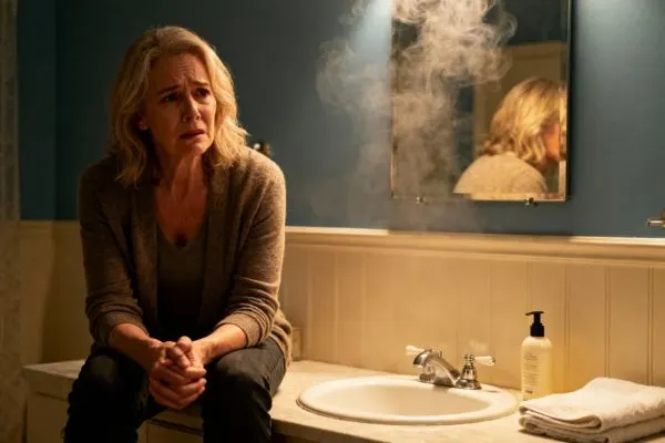 Femme de plus de 50 ans assise dans sa salle de bain, visage inquiet, ambiance salle de bain
