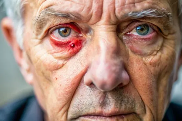 Gros plan illustré d’une éruption de vésicules sur un côté du front et de la paupière, typique du zona ophtalmique