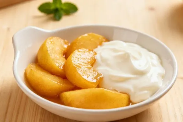 Assiette légère avec coing cuit et yaourt nature, représentant une collation rassasiante et peu calorique