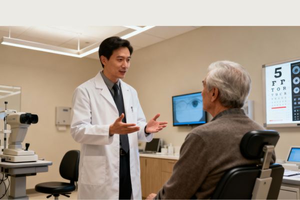 Un ophtalmologue explique un calendrier de suivi à un patient de 60 ans dans une clinique ophtalmologique moderne.