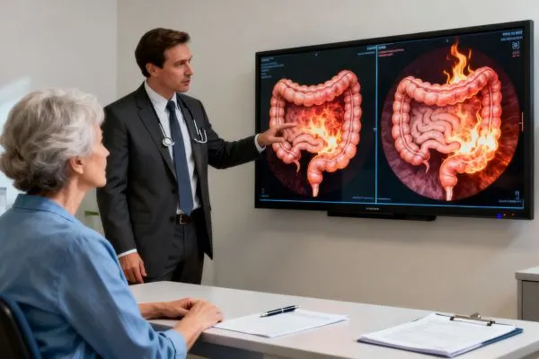 Gastro-entérologue montrant à une patiente senior des images d'un côlon inflammé sur un écran