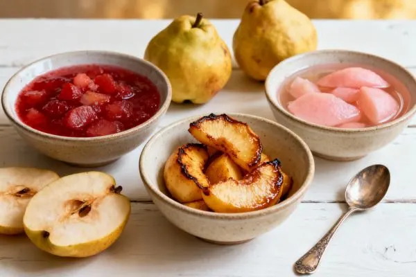 Différentes préparations de coing, compote, quartiers rôtis et morceaux pochés prêts à être cuisinés