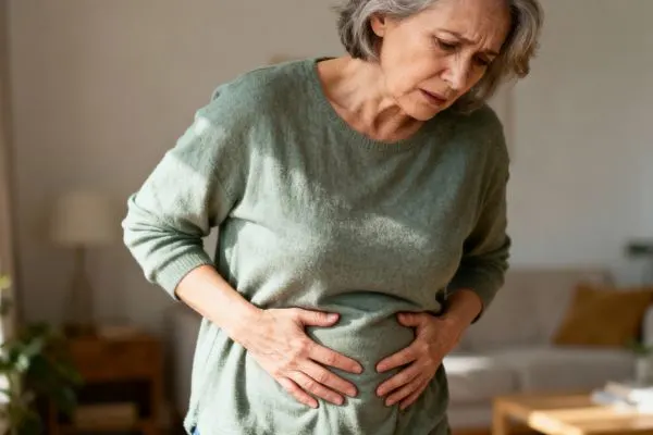 Femme de plus de 50 ans tenant son ventre douloureux à deux mains, expression de malaise, signes de ballonnements