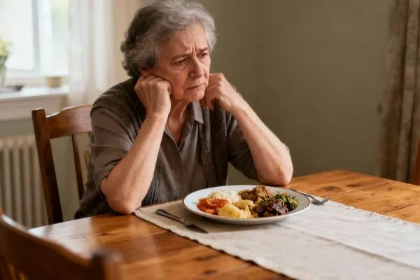 Une personne âgée regarde avec hésitation une assiette de nourriture, pensant aux intolérances alimentaires, dans le contexte du repas, avec une expression pensive et préoccupée.