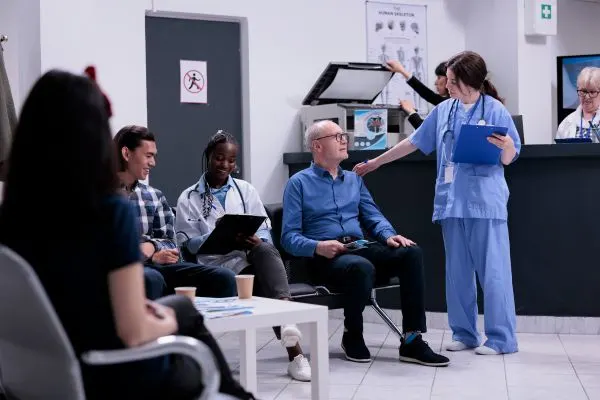 Patient en salle d’attente d’urgences ophtalmologiques, une infirmière l'appelle pour sa consultation