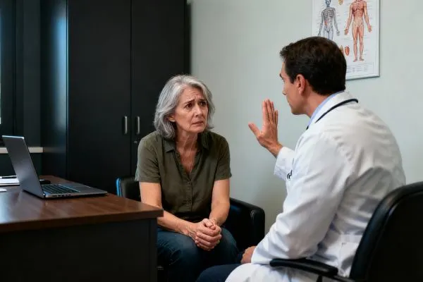 Femme de plus de 50 ans assise face à un médecin dans un cabinet, air préoccupé, médecin écoutant attentivement