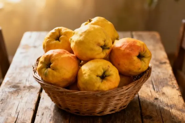 Panier de coings mûrs sur une table en bois, évoquant une alimentation équilibrée après 50 ans