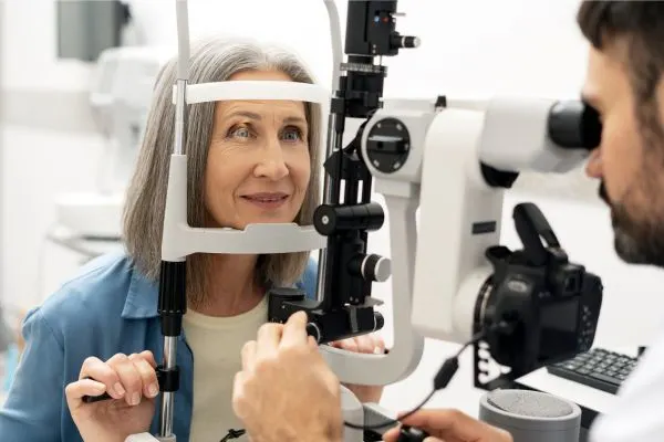 Patiente de 55 ans effectuant un examen de la vue chez l'ophtalmologue, visage posé sur la mentonnière d'un appareil de mesure de la tension oculaire