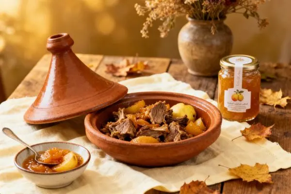 Tajine d’agneau aux coings, compote et gelée de coing présentées ensemble sur une table familiale