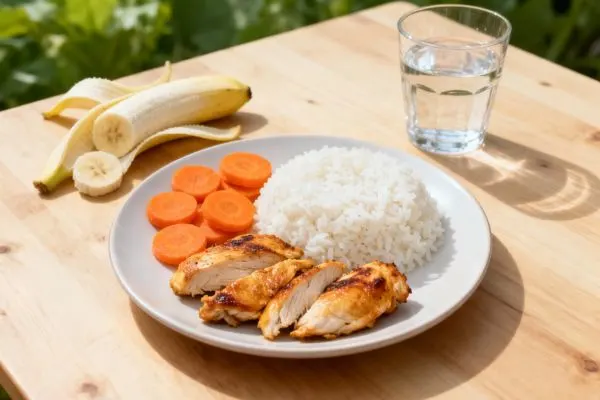 Table avec un repas simple et équilibré pour la digestion : riz blanc, poulet grillé, carottes cuites, banane, verre d'eau