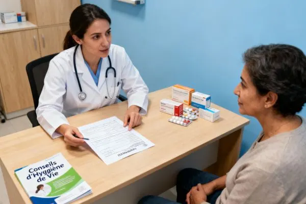 Médecin expliquant un plan de traitement à un patient adulte dans un cabinet médical, ordonnance et médicaments sur
le bureau, brochure sur l'hygiène de vie