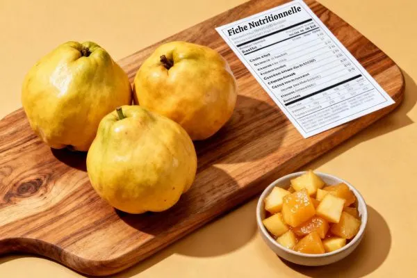 Tablette en bois avec coings, fiche de valeurs nutritionnelles et petite coupelle de dés de coing cuits