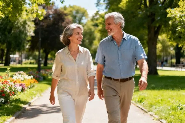 Couple de plus de 50 ans marchant sereinement dans un parc ensoleillé, souriants et détendus, vêtements confortables