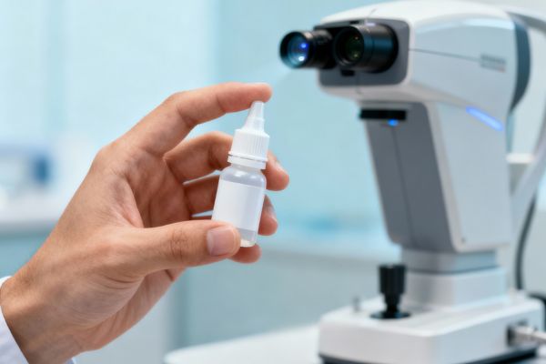 Illustration médicale présentant les options de traitement du glaucome : une main tenant un flacon de collyre au premier plan,et un arrière-plan flou montrant un appareil laser médical moderne utilisé en chirurgie oculaire.