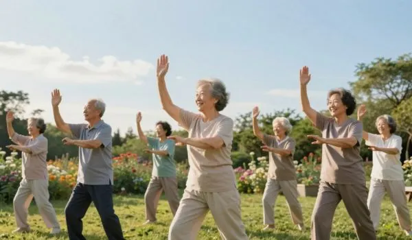 Seniors actifs en plein air, mouvements doux en groupe pour rester en forme