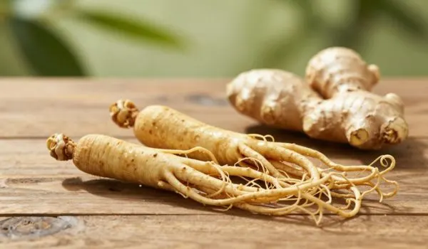 Racines de ginseng sur table en bois, plante tonique naturelle en gros plan