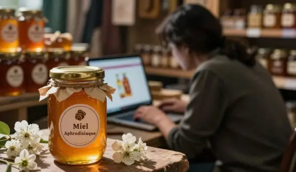 Pot de miel « aphrodisiaque » en avant-plan, achat en ligne sur ordinateur en arrière-plan