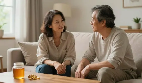 Couple assis sur un canapé, échange calme sur la vie intime à la maison