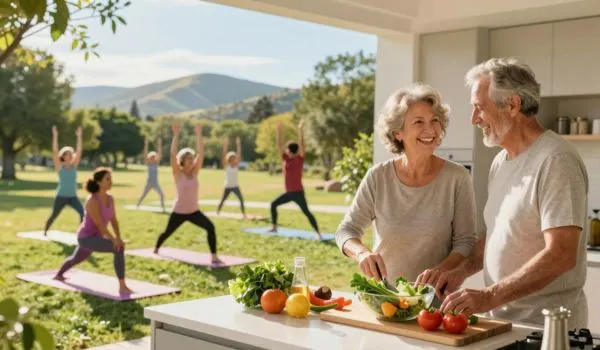 Couple prépare une salade, séance de yoga en extérieur en arrière-plan, routine bien-être