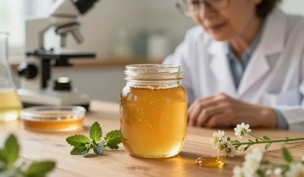Pot de miel sur table, scientifique en laboratoire en arrière-plan, analyse du produit