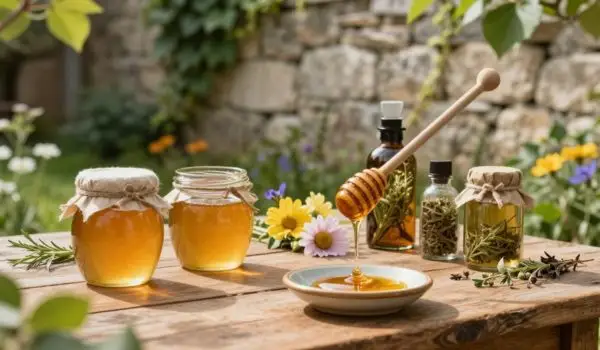 Deux pots de miel, cuillère à miel et flacons de plantes sur table en extérieur