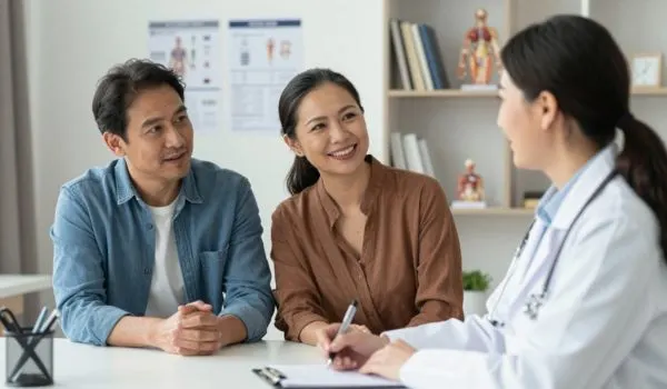 Couple en consultation médicale, échange avec une professionnelle de santé au cabinet