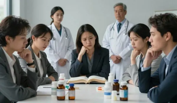 Personnes inquiètes autour de médicaments, médecins en arrière-plan, vigilance santé