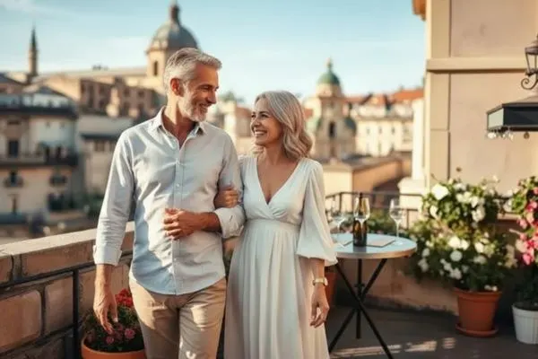 Couple marchant enlacé sur une terrasse avec vue sur une ville, profitant d'une escapade romantique