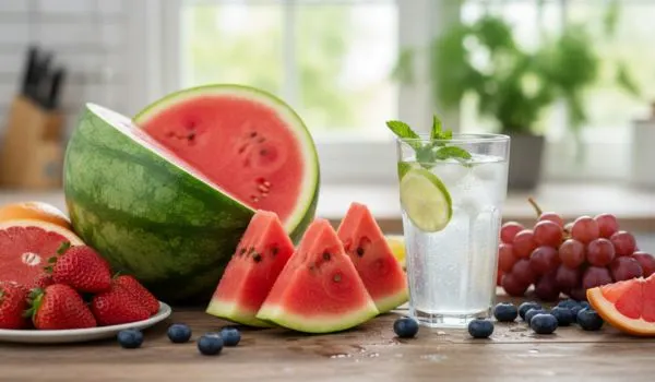 Pastèque fraîche et eau citronnée : image bien-être et hydratation.