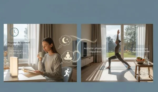 À gauche, une femme lit et boit du thé et une lampe de luminothérapie sur la table ; à droite, une personne pratique l'activité physique