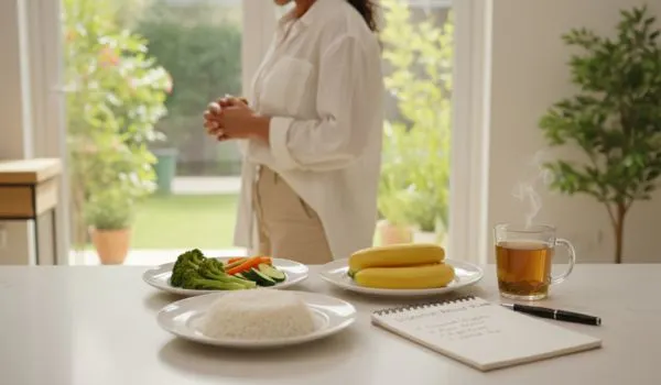 Des assiettes de riz, de brocolis et de carottes cuits à la vapeur, deux bananes, du thé fumant et un carnet sur la table