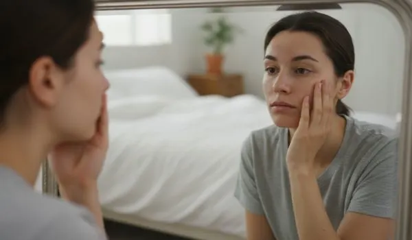 Personne observant son visage dans un miroir, en touchant la joue et la zone T