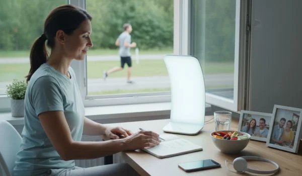 Une femme écrit dans un carnet à son bureau, sous une lampe de luminothérapie, avec une corbeille de fruits et une vue sur un joggeur par la fenêtre