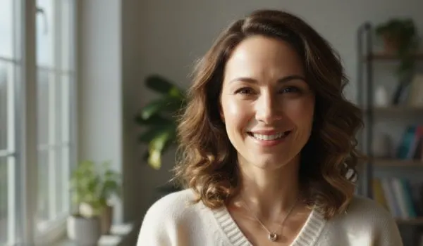 Femme souriante à la lumière naturelle, peau lumineuse et aspect reposé
