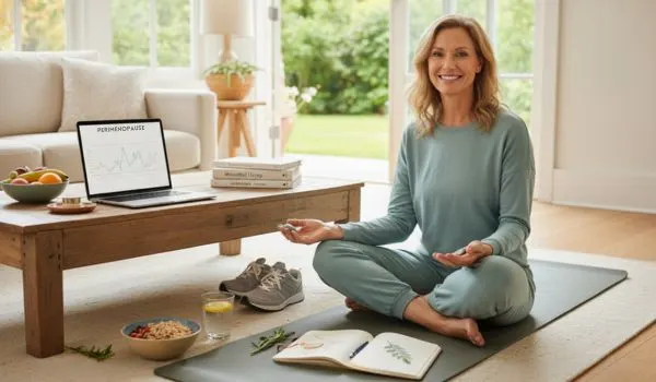 Femme en tenue de sport, assise en méditation sur tapis, salon lumineux avec ordinateur portable,
carnet et collation