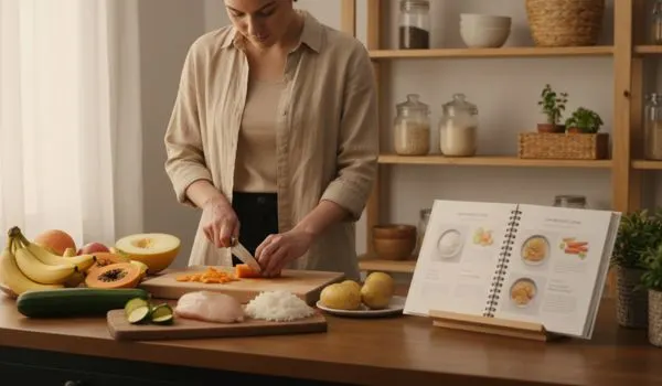 Une personne coupe des carottes sur un comptoir de cuisine avec divers ingrédients et un livre de cuisine ouvert à proximité