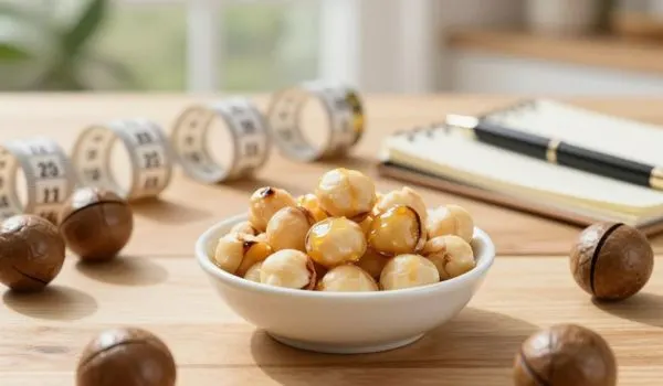 Noix de macadamia avec rubans mesure, gestion poids saine après 50 ans sans culpabilité