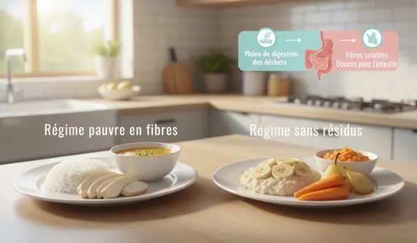 Deux assiettes illustrant des régimes pauvres en fibres et sans résidus,
avec les aliments étiquetés et des informations sur la digestion