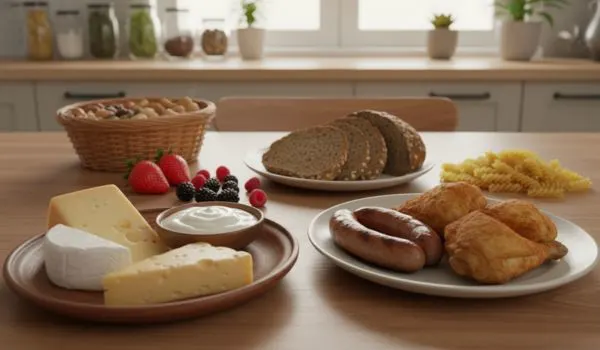 Table en bois garnie de fromage, saucisses, poulet frit, pain, baies, noix, pâtes et plantes en pot