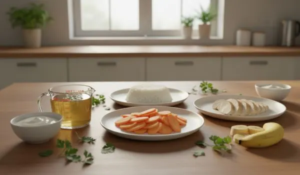 Table en bois avec des assiettes de carottes coupées en rondelles, de riz, de poulet, de banane, de yaourt et un verre de boisson légère.