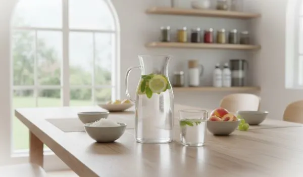 Table en bois avec pichet d'eau citron-menthe, verre, bols de fruits et de poudre, étagères en arrière-plan