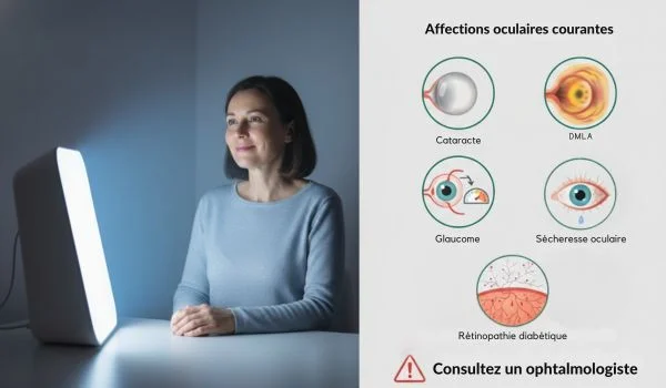 Femme 50 ans assise près d'un appareil de luminothérapie avec une infographie sur les affections oculaires courantes et des conseils médicaux