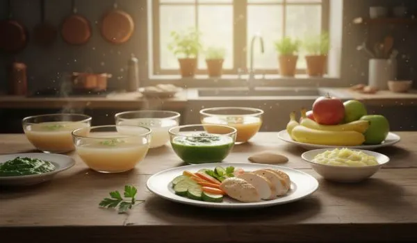 Table avec bols de soupes ou de sauces, poulet en tranches, légumes, fruits et pommes de terre coupées en dés