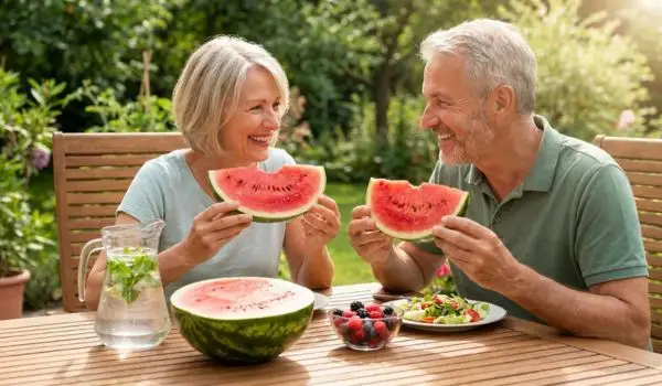 Couple senior dégustant de la pastèque, collation fraîche et légère au jardin